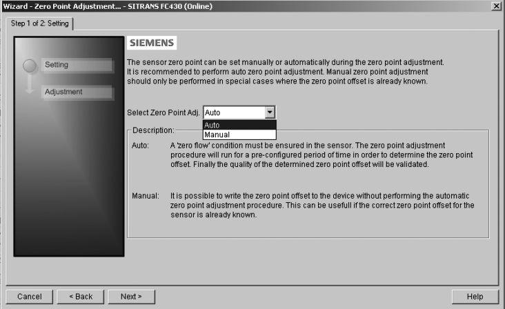 7 Wizard - Zero Point adjustment Open the menu Device Wizard - Zero Point Adjustment.