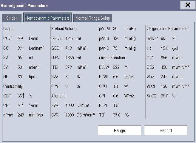17.8.2 Hemodynamic Parameters Select [Hemodynamic Parameters] tab from the [Hemodynamic Parameters] menu to view the patient s hemodynamic parameters.