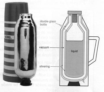 Vacuum Flask A vacuum Flask is used to keep hot water hot or keep icecream cold. It does this by reducing or stopping conduction, convection and radiation.