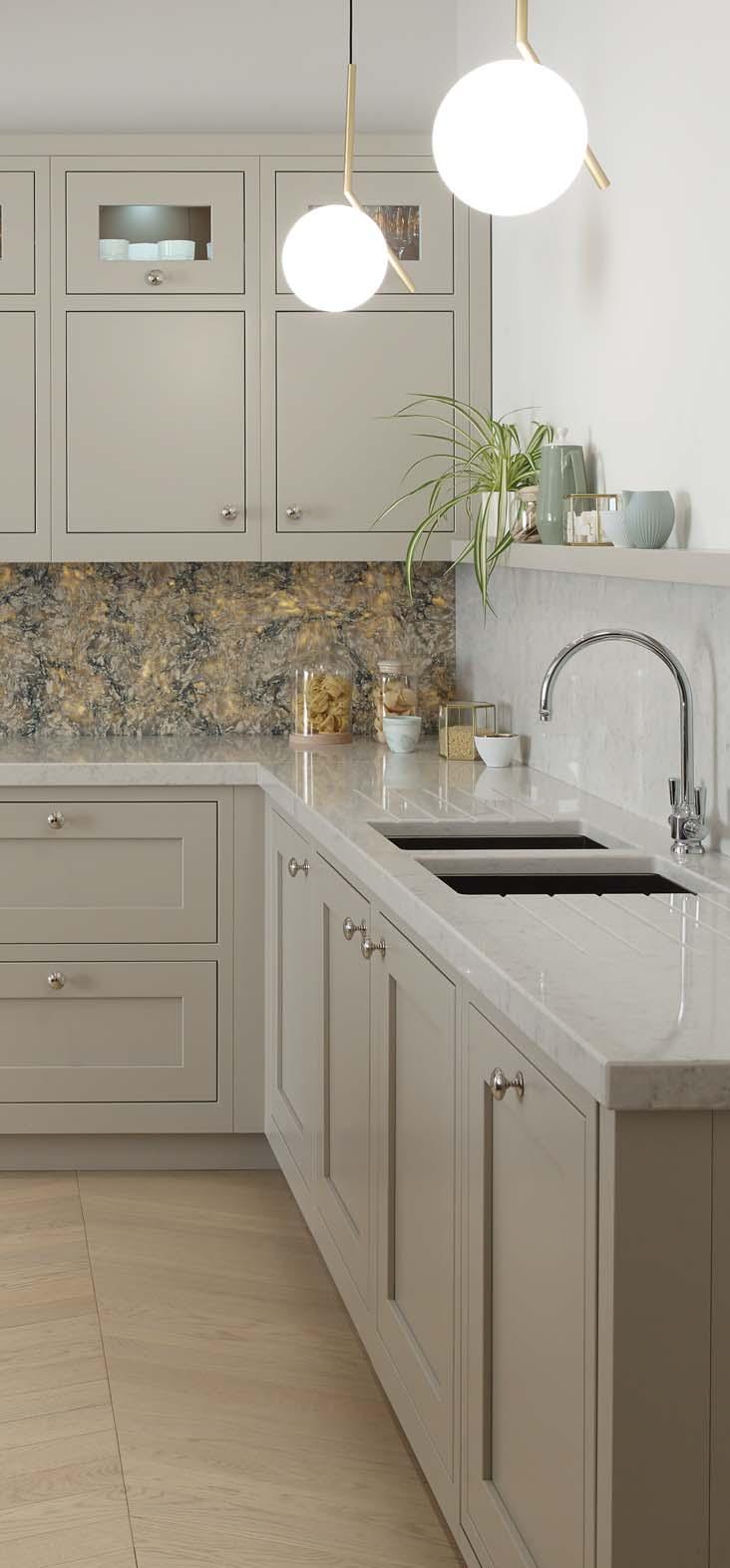 Worksurfaces play a strong role in the identity of this scheme, with the mix of the marble effect evident in the Lagoon quartz, which counterpoints