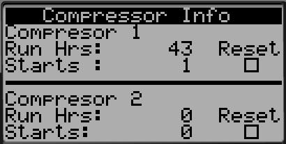 Entering to the Reset selection takes the user to a new screen for that compressor and allows the reset of the run hours and/or starts.