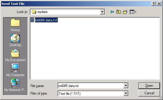 mti085 Temperature Interface Technical Manual /38 13. Select Transfer and then Send Text File from the HyperTerminal menu.