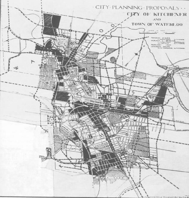 333331 The first land use plan for the present day City of Kitchener was developed by Thomas Adams and Horace Seymour in 1924.