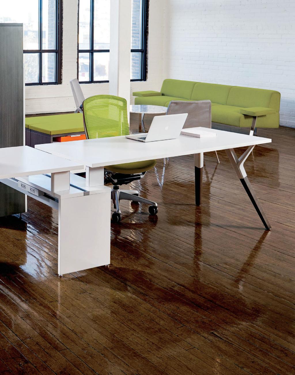 unit integrates a full complement of desks, height-adjustable tables, cabinets, shelves, cubbies and screens. Every element moves into place and fits together, offering fresh design concepts.