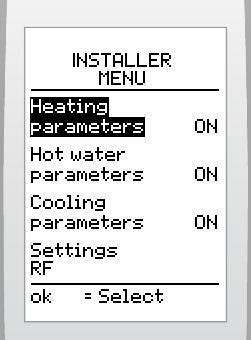 10 Specific settings Accessing the installer menu allows for some adjustments to be made to the installation (room thermostat and wireless outdoor sensor) and the room thermostat s user menu.
