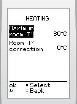 1 Main settings Menu This menu lets you: Function Title Action Heating Maximum room temperature Choose a value between 5 C and 30 C. (factory setting: 30 C).