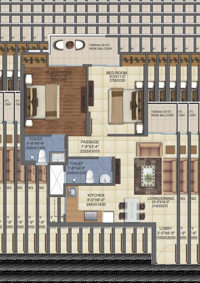 Floor Plans MIG-1B (2 BHK) 2 BED ROOM, 2 TOILET 1 LIVING/DINING, 1 KITCHEN 2 NOS BALCONIES SUPER AREA=81.75sq.mtr./880.00sq.ft.