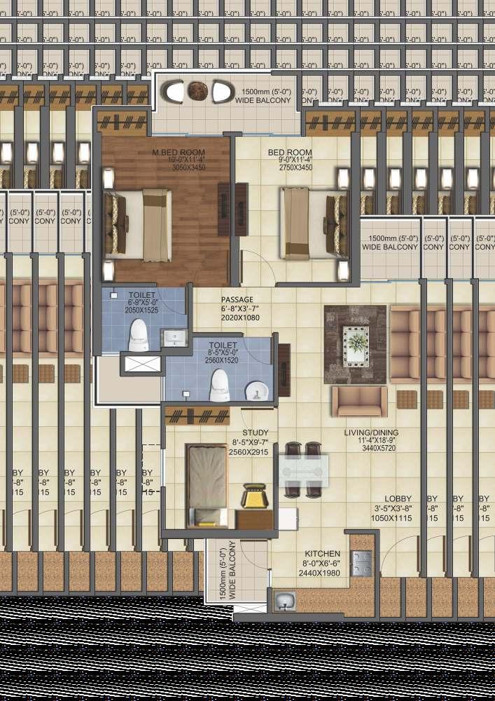 Floor Plans HIG-1(2 BHK + Study) 2 BED ROOM, 2 TOILET 1 LIVING/DINING, 1 STUDY ROOM 1 KITCHEN WITH UTILITY BALCONY 2 NOS BALCONIES SUPER AREA=104.52sq.mtr./1125.00sq.ft. CARPET AREA=67.56sq.mtr./727.