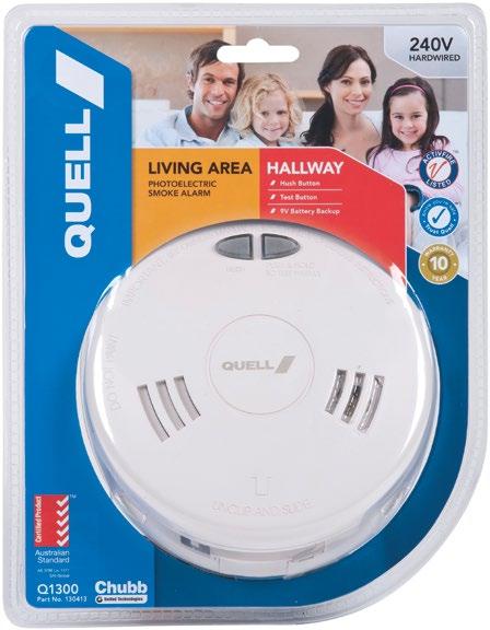 240V AC/DC PHOTOELECTRIC WITH HUSH 9V BATTERY MODEL: Q1300 PART NO: 130413 LIVING AND HALLWAY SMOKE ALARMS Test button Hush button Low battery warning alert 240V mains powered with 9V battery backup