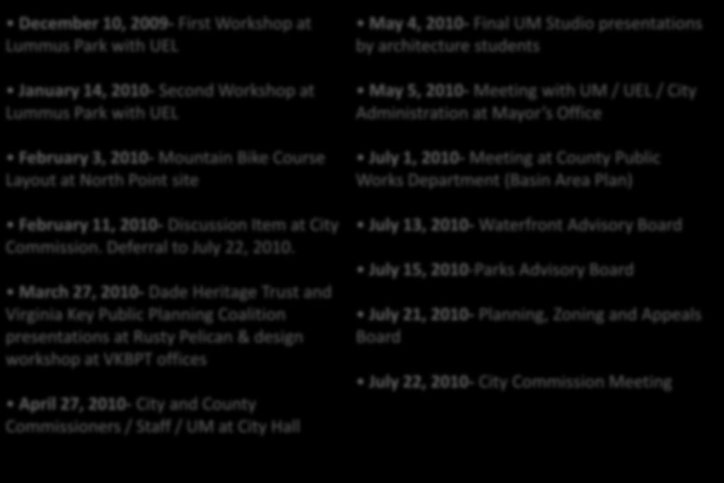 Public Consensus Building and Project Schedule following City Commission Deferral on October 8, 2009 December 10, 2009- First Workshop at Lummus Park with UEL January 14, 2010- Second Workshop at