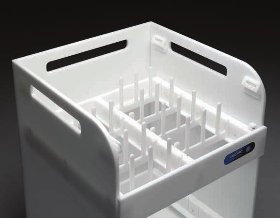 The upper drawer accommodates two wire inserts and is removable so that tall glassware may be loaded in the lower drawer. Durable and chemical-resistant, high density polyethylene construction.