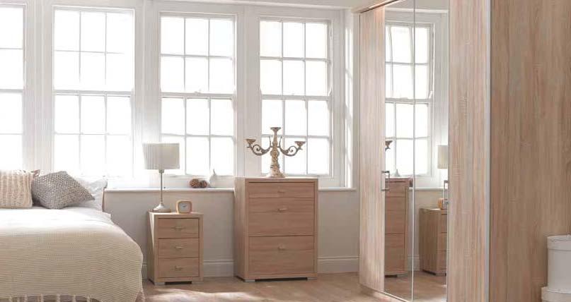 drawers LED lights on bedstead and hinged wardrobes as standard Walnut or oak tones contrasted with glass or mirror *All items in this range are delivered ready-assembled apart from the bedstead and