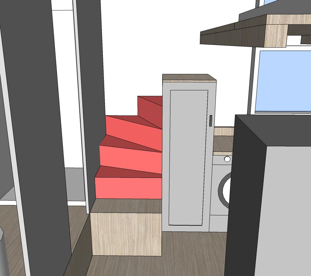 I then built a pantry right next to the lofted second stair, with the plumbing pipes hidden in the back of the pantry.