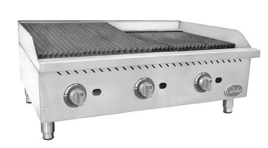 Globe Gas Countertop Charbroilers Radiant Heat All stainless front, 15", 24", 36" or 48" widths High performance 40,000 BTUs per burner Stainless steel U-style burner provides heat control every 12"