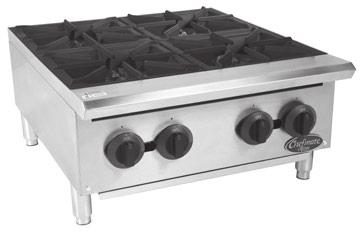 12" and 24" widths Heavy-duty, cast iron grates for maximum heat distribution High performance burners, 25,000 BTUs per burner Steel construction and extended cool-to-touch front edge Stainless steel