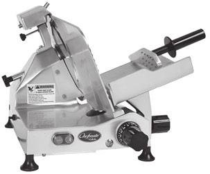 Economy Light Duty Slicers Chefmate by Globe GC512 Gear drive provides higher torque for slicing tough products like cheese Stainless steel food contact areas and removable receiving tray improve