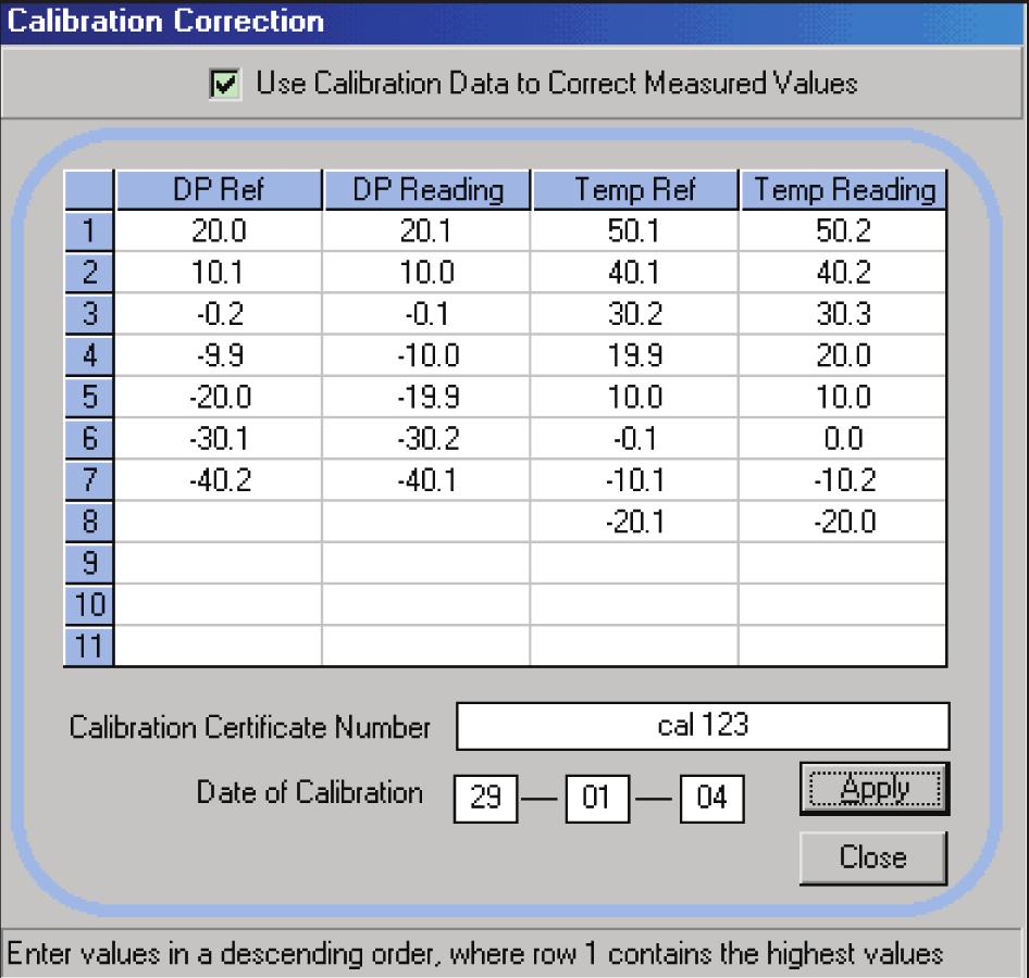 OPERATION Optidew Series User s Manual Once all necessary data has been entered in the Calibration Correction window, click on the Use Calibration Date to Correct Measure Values check box and then