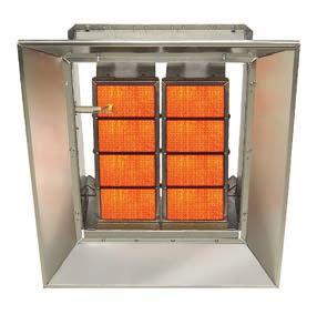 infrared heaters are available with inputs of 35 to 160 MBH. Units have a special honeycomb tile design for increased radiant output.