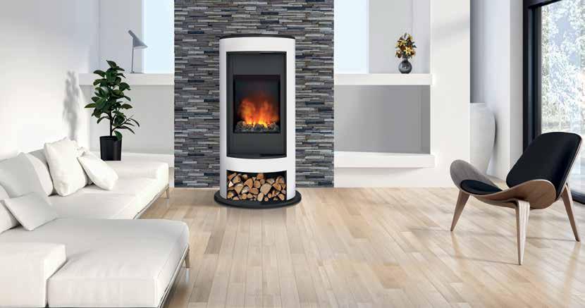 opti-myst 3D fires Mocca The Mocca is a statement piece, showcasing the revolutionary 3D Opti-myst flame and smoke effect in a minimalist curved arctic white surround.
