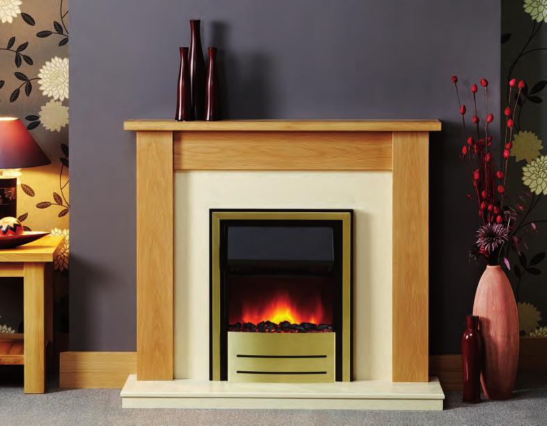 Surround: Justine Electric in Waxed Oak Hearth and Back: Bianca Finish Fire: Focusflame Brass Chic 1092 43 187 7 3 /8 962