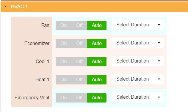 4.7.3.2 HVAC Select either HVAC 1 or 2 menu. Choose the duration time and then select ON or Off. Note the RSC 1000 will turn on the appropriate outputs to put the HVAC in the listed mode. 4.7.3.3 Alarm Output Testing This section allows the user to test the alarm outputs.