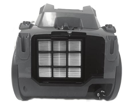 HEPA EXHAUST FILTER The HEPA exhaust filter is located at the back of the vacuum cleaner. Push down the top locking clip on the exhaust filter cover and pull out.