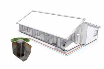 The heat pump collects stored solar energy from a collector in a hole drilled into the rock.