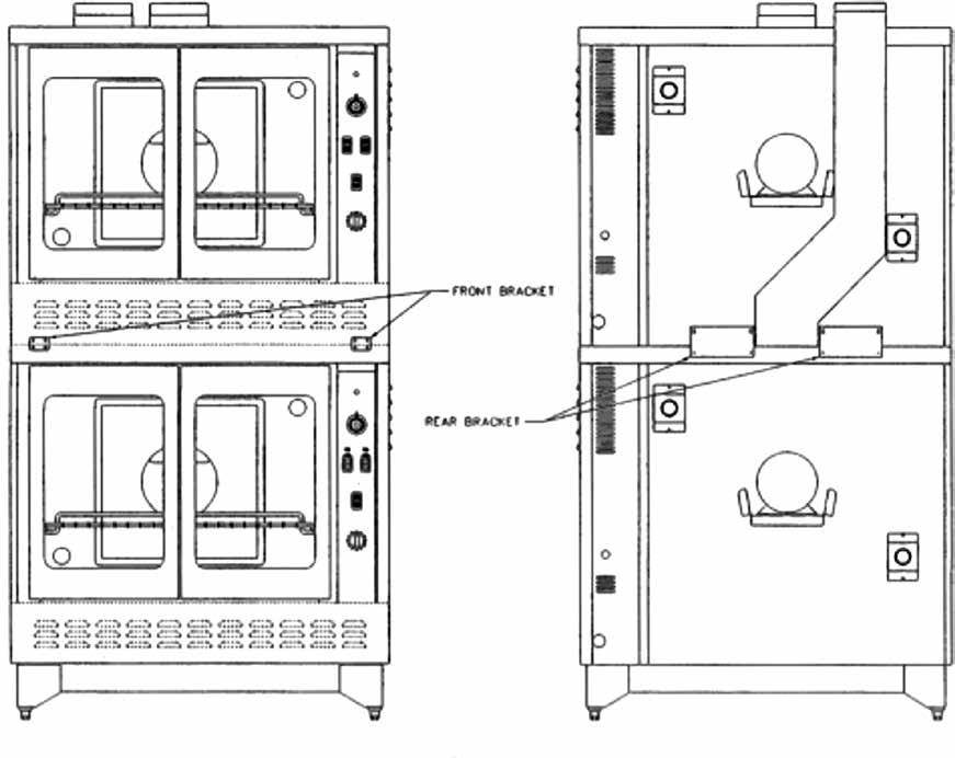 INSTALLATION INSTRUCTIONS For a stack of two ovens 1. Match holes on the legs with oven bottom base and fasten with bolts provided. 2. Set top oven on top of bottom oven. 3.
