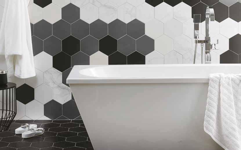 The multiuse Hexagon tiles have a satin finish that works well in any room, whether
