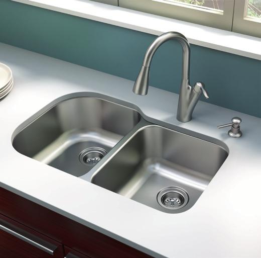 double-bowl stainless steel sinks that can be installed as a drop-in or an undermount
