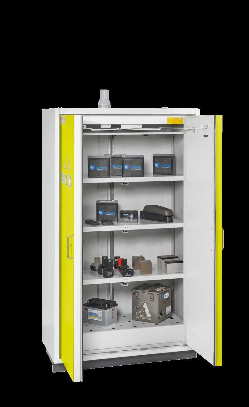 BATTERY XL Type 90 For the storage of lithium-ion batteries The BATTERY XL safety storage cabinet is specially constructed for the high demands on a safe storage of lithium-ion batteries.