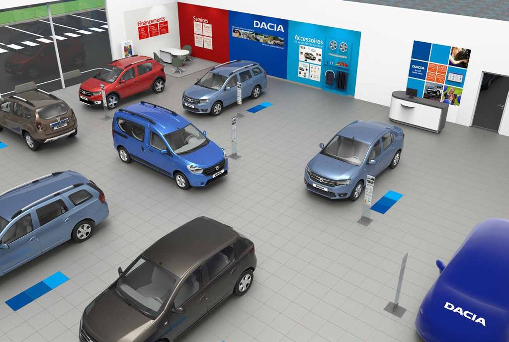The interior application guide Contents > The objectives of Dacia Evolution > Applications in the 4 formats - The Dacia Corner - P9 The Brand wall After-sales Delivery New vehicle showroom - The