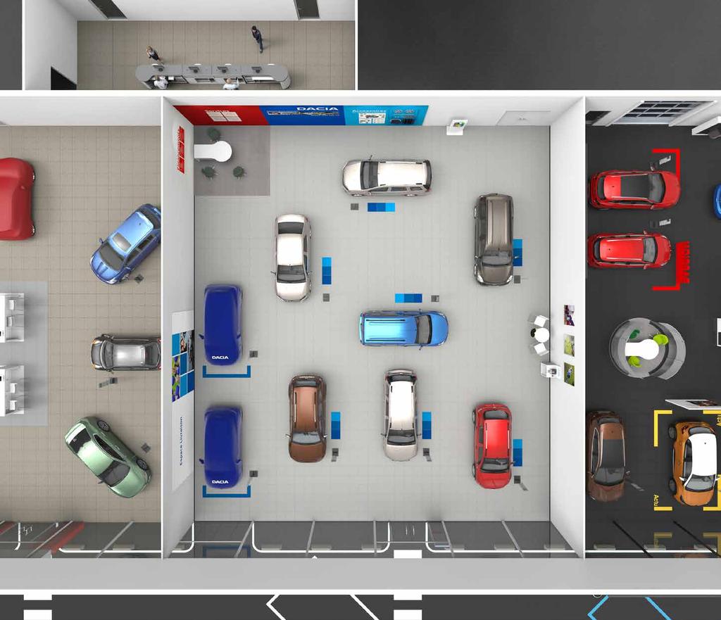 The multi-brand showroom The format to integrate a multi-brand showroom Characteristics : Separate showroom Light grey Dacia tiling 5 Touchpoints: 1 A dedicated entrance 2 Brand / Services /