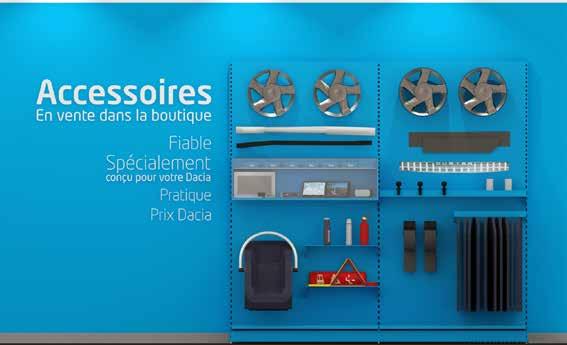 The multi-brand showroom - Accessories Accessibility and choice of tailor-made accessories: To sell more, a light blue wall bears the Accessories message and presents the Dacia