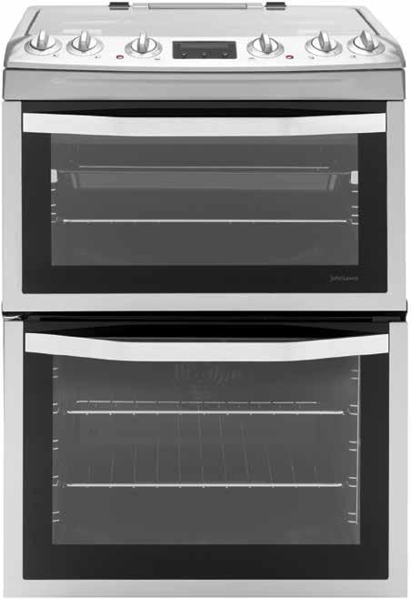 60cm dual-fuel double-oven cooker JLFSMC613 Stock number 866 00206 699 Cooking modes (main oven) Fan Defrost Additional features Electronic programmable clock and timer Triple glazed doors Removable