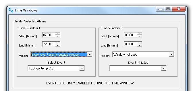 Alarm control by time This feature allows specific events to be inhibited by the Tunstall Vi+ outside of a specific time period.
