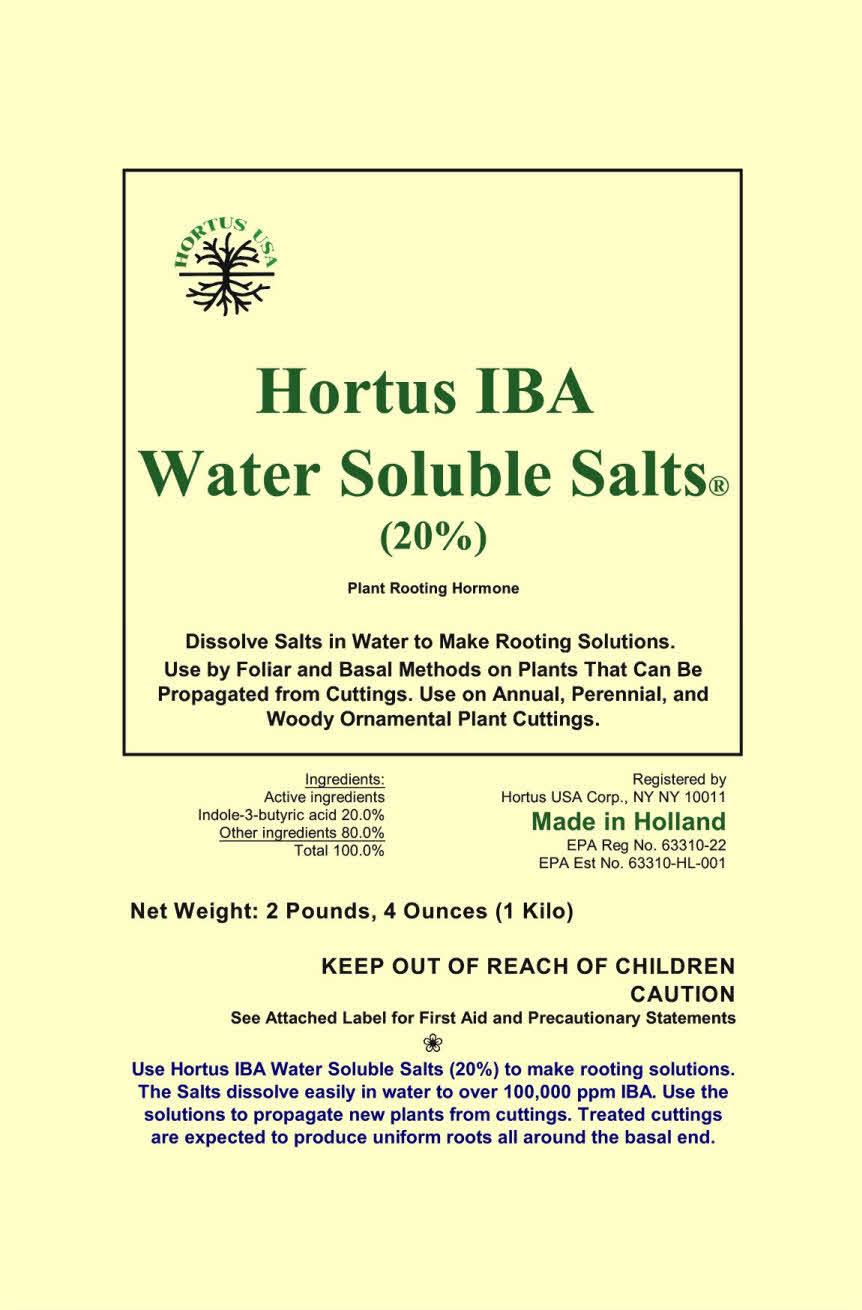 Hortus IBA Water Soluble Salts. (20%) Plant Rooting Hormone Dissolve Salts in Water to Make Rooting Solutions. Use by Foliar and Basal Methods on Plants That Can Be Propagated from Cuttings.