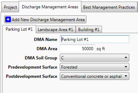 DMA Area: Enter the area of the DMA in square feet. It may be necessary to iteratively adjust DMAs based on the required BMP size (i.e., footprint area) to optimize development areas.