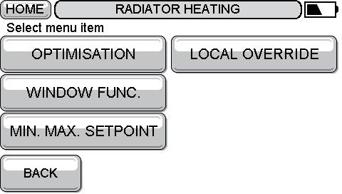 Radiator heating settings The following settings are available for the Radiator Heating application: Window function Enables the function built into the HR80 that detects when a window is open (by