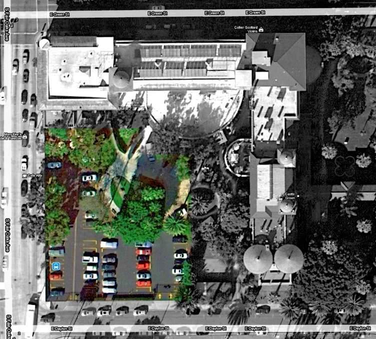 Design Process Memorandum August 1, 2014 p. 4 of 6 4) Aerial view of the existing Castle/Hotel Green with proposed (1902) footprint indicated in orange.