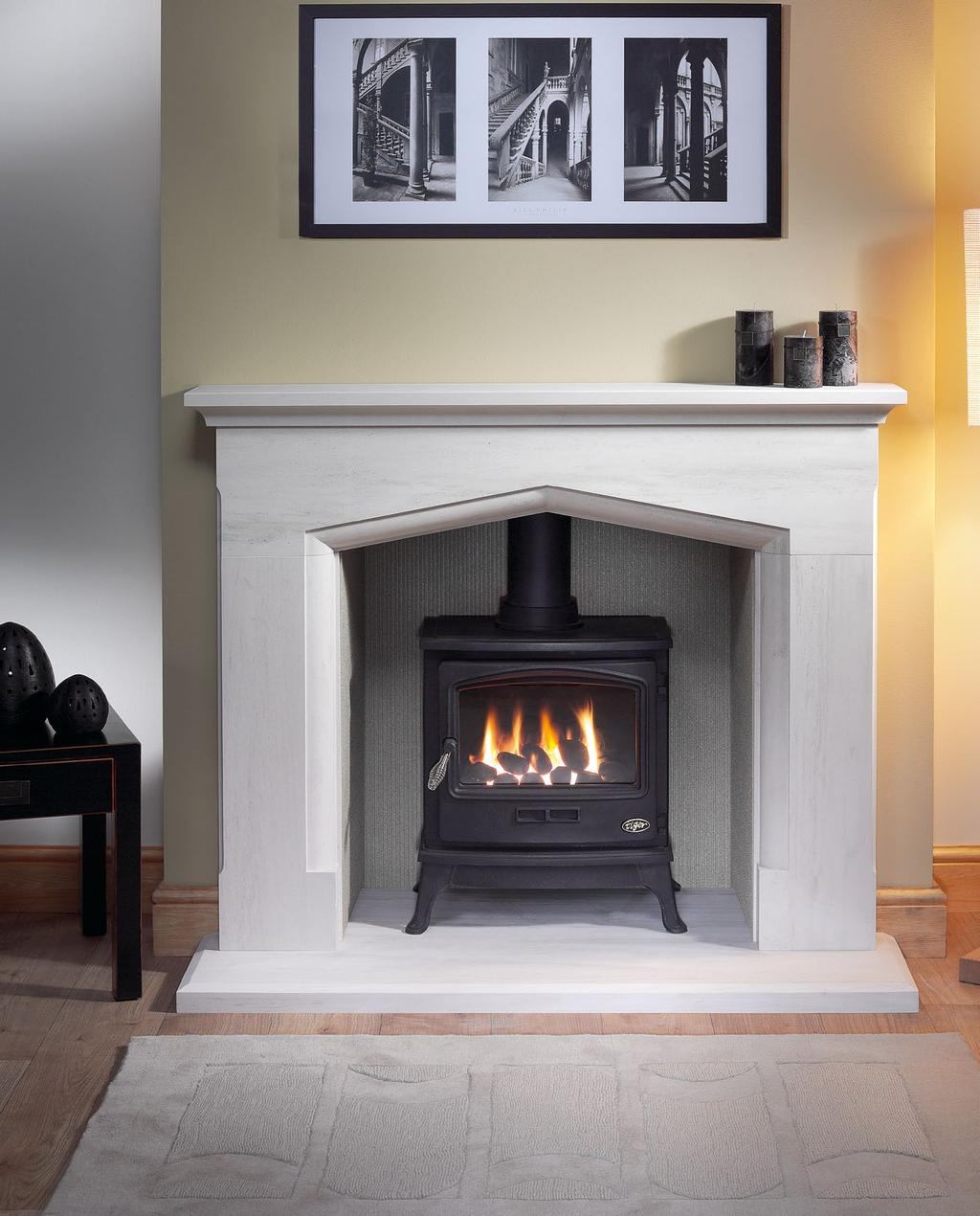 Portuguese Limestone STOVE: TIGER GAS, CHAMBER: natural reeded fireboard