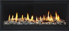 the fireplace frame Convertible to Top or Rear vent Concealed Ribbon burner with multiple media options Black Porcelain Firebox Liner Accent up-lighting Multi-speed Fans Snap-lock door for access to