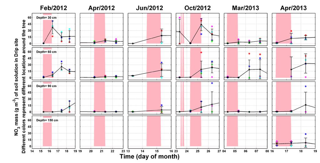 Figure 21. Temporal variations of soil nitrate mass (g m -3 ) at different depths in drip site after each fertigation.