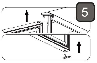 Install the upper left hinge by fastening the screws through the left hinge to the cabinet.