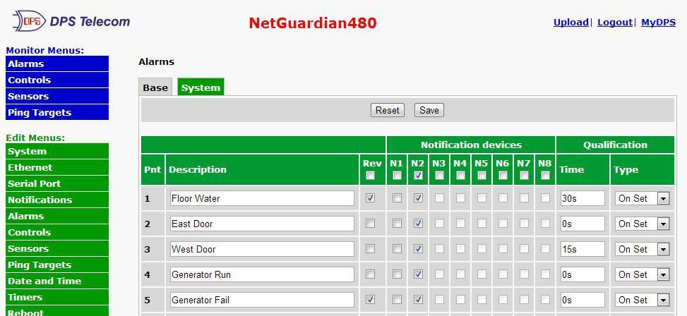 45.5 Base Alarms The NetGuardian's discrete base and system alarms are configured from the Edit > Alarms menu.