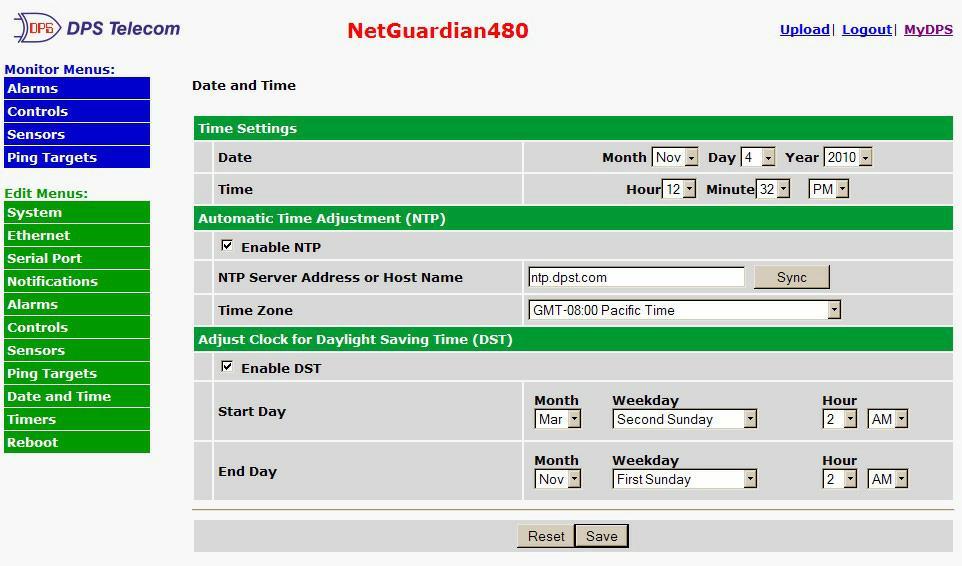 53.0 Date and Time The Edit > Date and Time menu Date Time Enable NTP NTP Server Address or Host Name Time Zone Enable DST Start Day End Day Time Settings Select the current month, day, and year from