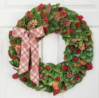 FMW118 Heart of the Holidays Wreath ENGLISH HOLIDAY ESTATE DESIGNER RED- All green magnolia leaves, moss, and boxwood are layered together giving a