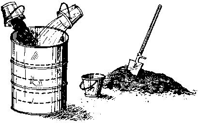 Drums 72. Now put the waste and water you are going to use into the large drum. Put 3 buckets of waste and 3 buckets of water into the large drum and stir it well. Put waste and water 73.