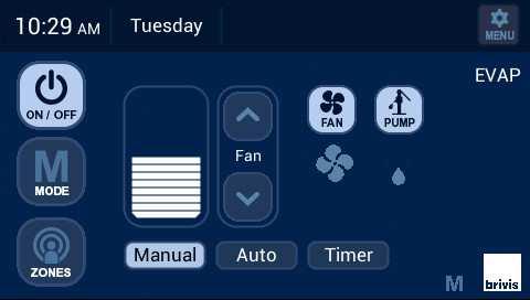 1.0 Home Screen Key Functions Digital Clock Day Adjust Set Temperature Fan Select Mode Diagram 1: Heating Home Screen Power Indoor Temperature System Mode (HEAT/COOL/EVAP) Menu Display Options or