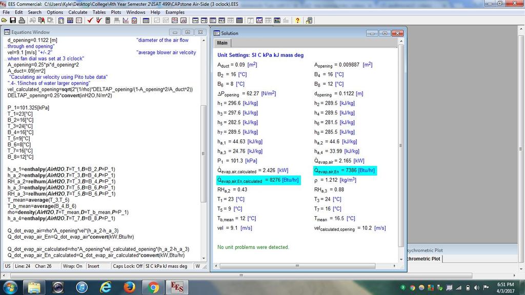 Figure 5: A screenshot of EES of the air side data collected with the fan set at 3 o